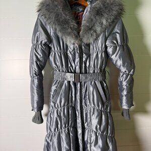 Cartise Gray Tiered Puffer Coat with Raccoon Removable Lapel Sz Small